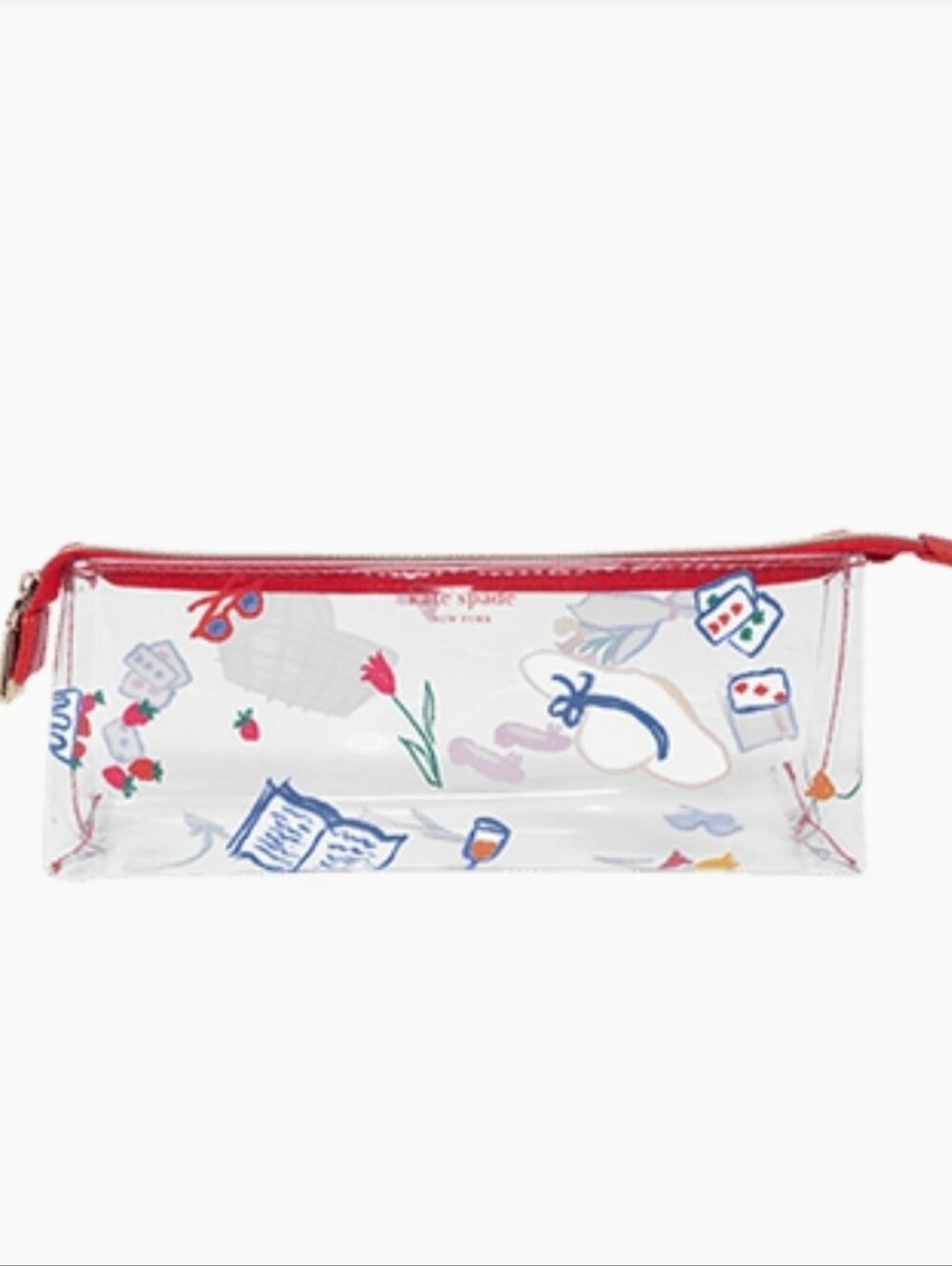 kate spade Clear Pencil Case with Red Trim and Multicolor Print